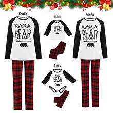 Pyjama de noël Parent enfant, couleur bloc, ours et lettres imprimées, manches longues, col rond, pull/barboteuse + pantalon à carreaux, tenue de maison