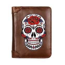 Cool Steampunk Skull Rose Design Genuine Leather Wallet Classic Men Business Pocket Slim Card Holder Male Short Purses Gifts