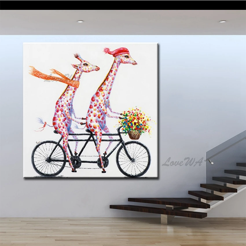 Pintado A Mano Jirafa Paseo Bicicleta Pintura Al Oleo Animal