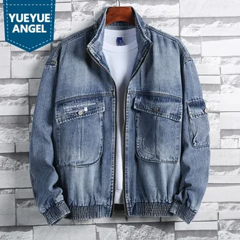 

High Street Men Denim Coat Casual Pocket Zipper Loose Fit Outerwear Work Jacket College Blue Black Cowboy Jacket Plus Size