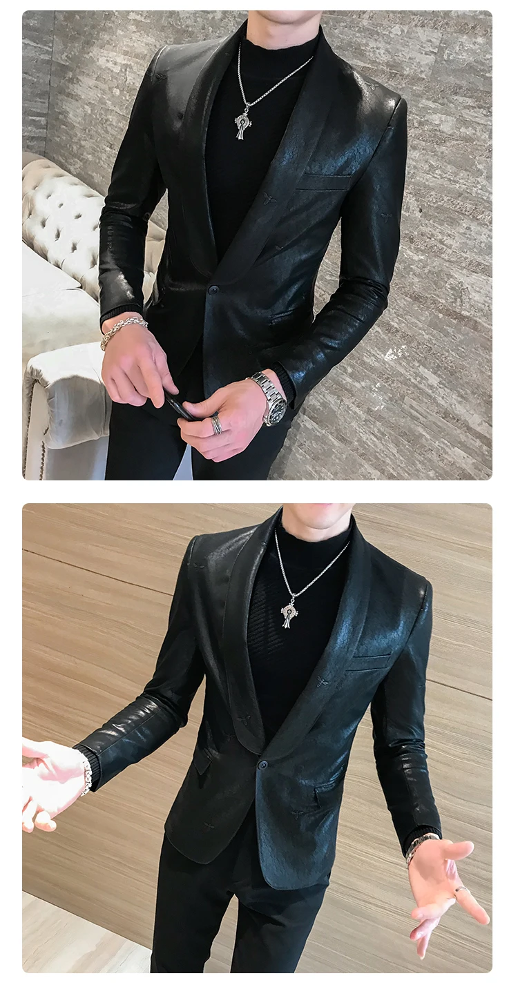 Корейский Блейзер Masculino черный Slim Fit Мужской Блейзер Куртка из искусственной кожи для мужчин одна кнопка Бизнес повседневные спортивные пиджаки для выпускного для мужчин