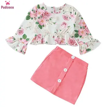 

1-5 Year Children Kid Baby Girls Clothes Sets Long Sleeve Floral Printed T-shirt Top & Mini Skirt 2PCS Outfits