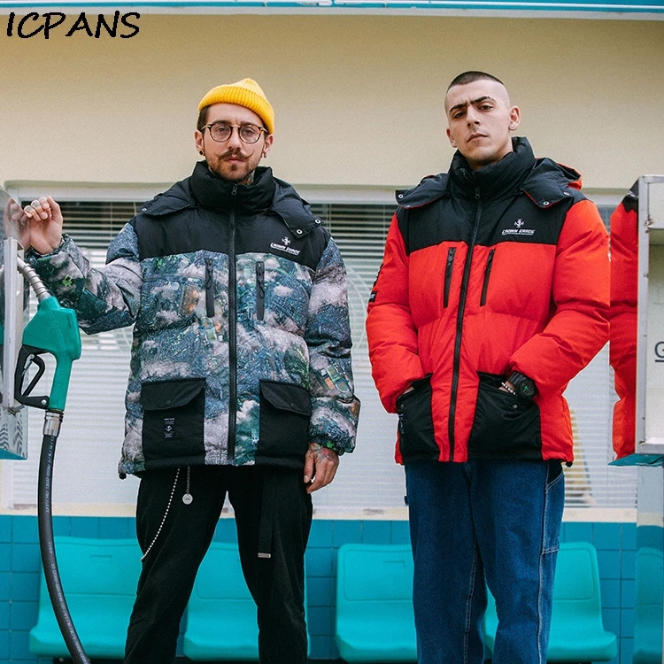 ICPANS камуфляж пэчворк куртки с капюшоном на молнии мужские карманы съемный уличная Мужская s парка Повседневная Хип-хоп хлопковая стеганая парка пальто