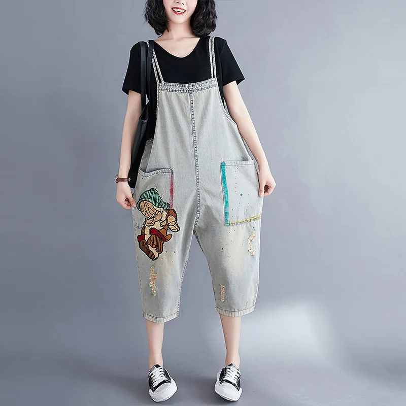 

Summer Fashion Cartoon Embroidery Denim Jumpsuit Women Korean Loose Large Size Overalls Casual Suspenders Harlan Jumpsuit Women