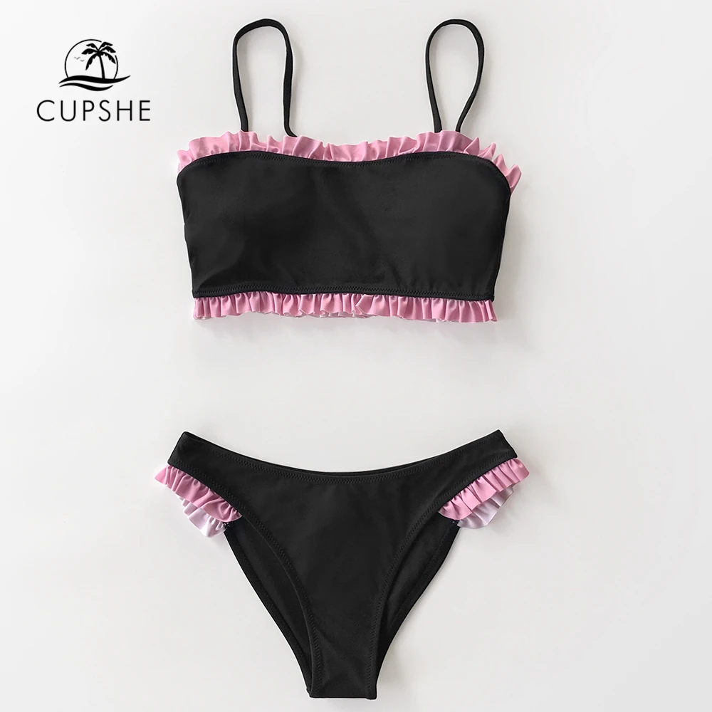 CUPSHE, черный, красный, с оборками, бандо, бикини, наборы, сексуальный, с низкой талией, купальник из двух частей, купальники для женщин,, пляжные купальники