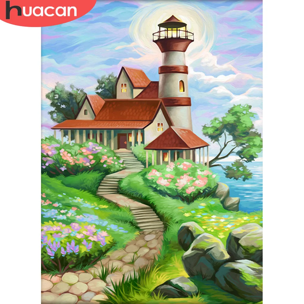 

HUACAN Oil Painting By Numbers lighthouse Scenery HandPainted Kits Drawing Canvas DIY Pictures Landscape Home Decor
