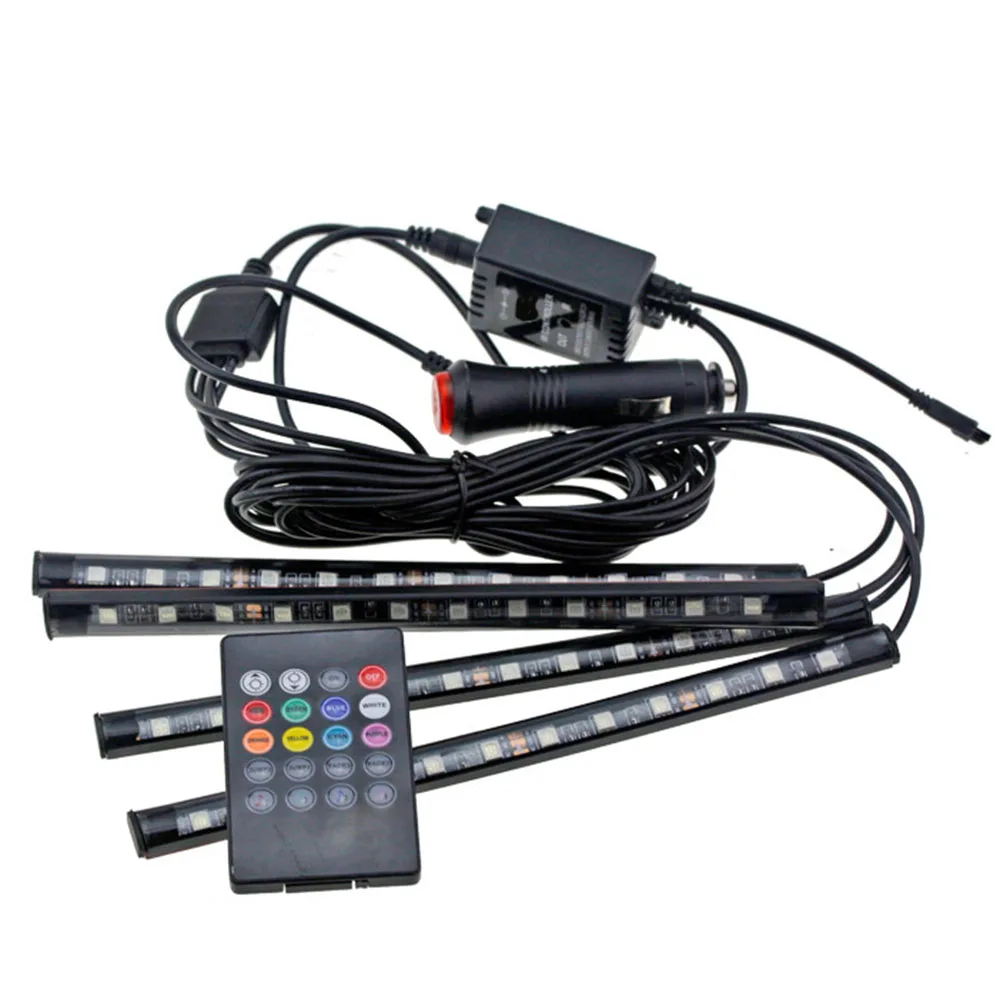 

4pcs/set 12V RGB LED Remote Music Control Car Interior Floor Decorative Strip Light 12 SMD Colorful RGB LED Auto Atmosphere Lamp