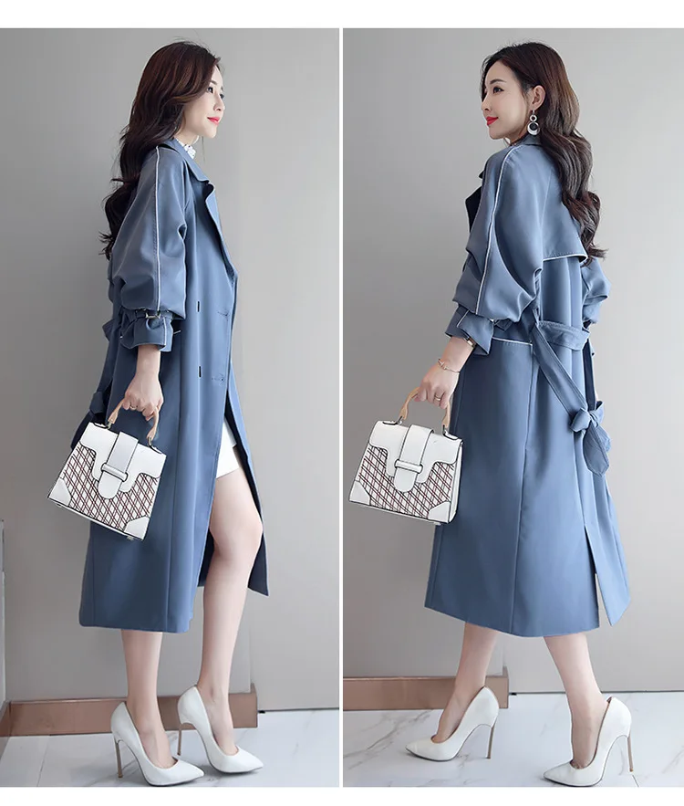 Весна, стиль, женское платье, шикарный Тренч, пальто средней длины, повседневное, свободное, женское, Осеннее, длинное, выше колена, синее пальто