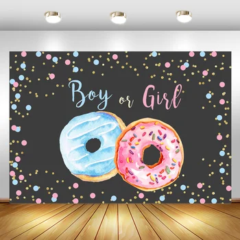 

Gender Reveal Background For Photography Donuts Baby Shower Backdrop Boy or Girl Blue or Pink Gender Surprise Party Decor Banner