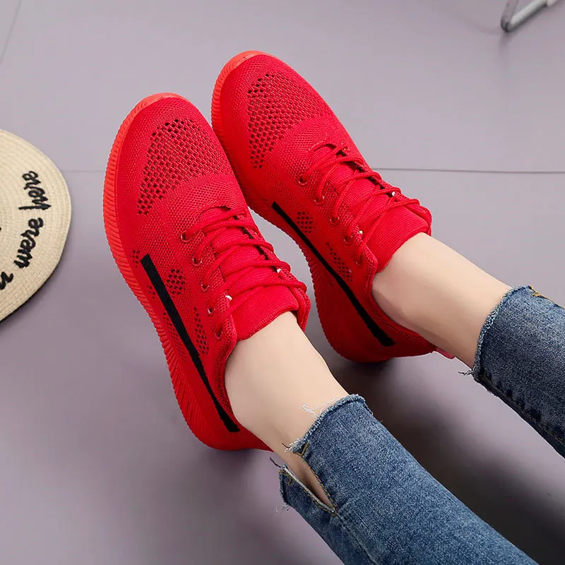 

Red Shoes Student Single Shoes Flat Mesh Shoes Black And White with Pattern Casual Women's Board Shoes Hollow-out Shoes Children