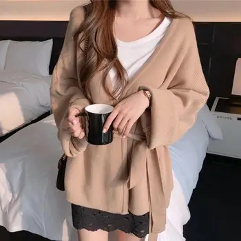 

2019 Women Autumn Casual Long Sleeve Knitted Cardigans Solid With Belt Winter Cardigans V-Neck Sweater Coat