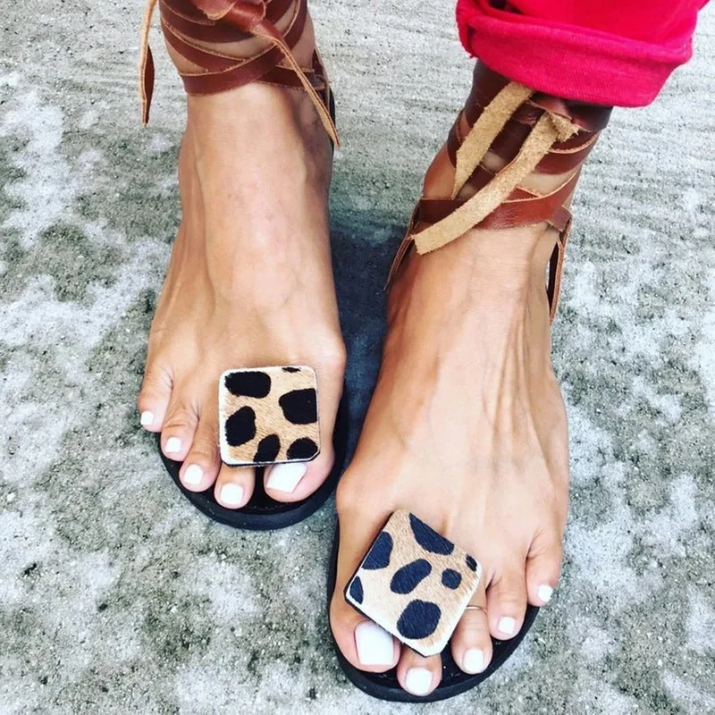 

2020 Summer Strap Sandals Women's Flats Open Toe Leopard Casual Shoes Rome Plus Size 35-43