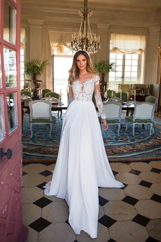 

2020 High Split Lace Chiffon Wedding Dresses Sheath Sheer Illusion Bridal Formal Gown Summer Beach Long Sleeve Milla Nova