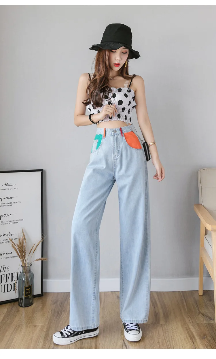 Summer Contrast Color Pocket Wide Leg Summer High Waist Loose Denim Pants Long Jeans for Women S M L XL