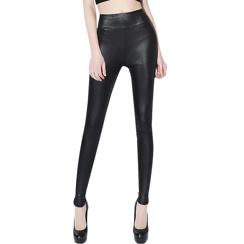 Women's high-waist fake leather leggings black lightweight matte ladies fitness PU leggings sexy stretch push-up nine-point slim