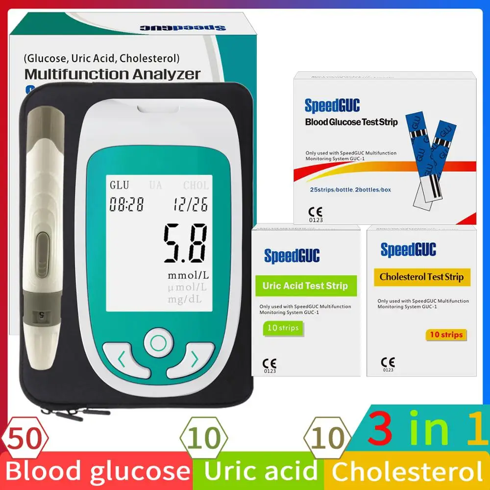 3in1 MultiFunction Analyzer blood glucose meter Test Cholesterol&Uric acid Diabetes tester Gout Device with Test Strips &Lancet