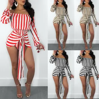 

New Women Clubwear Summer Lace Up Playsuit Bodycon Party Off Shoulder Striped Jumpsuit Romper Trousers Shorts