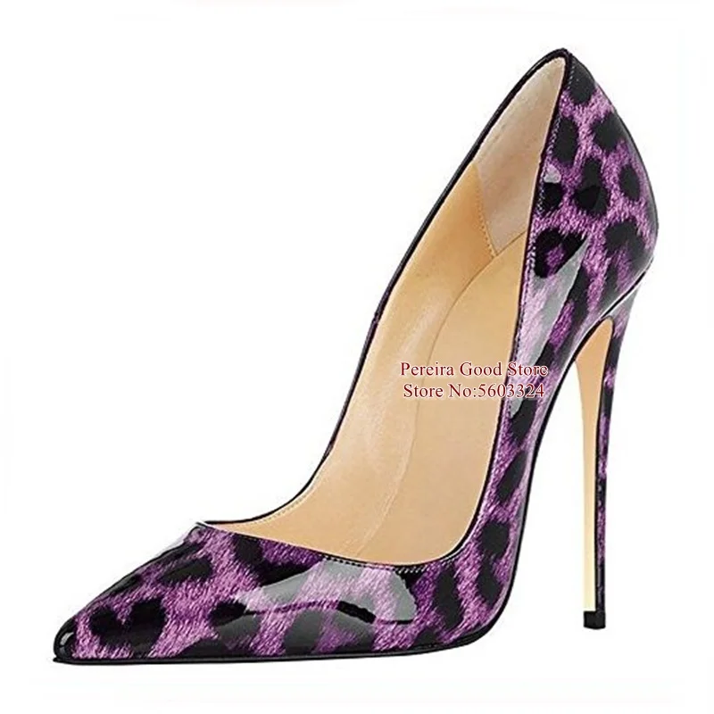 

Sexy Purple Leppard Stiletto Heels Pumps Pointed Toe 12CM 10CM 8CM Print Patent Leather Shallow Banquet Dress Shoes Drop Ship