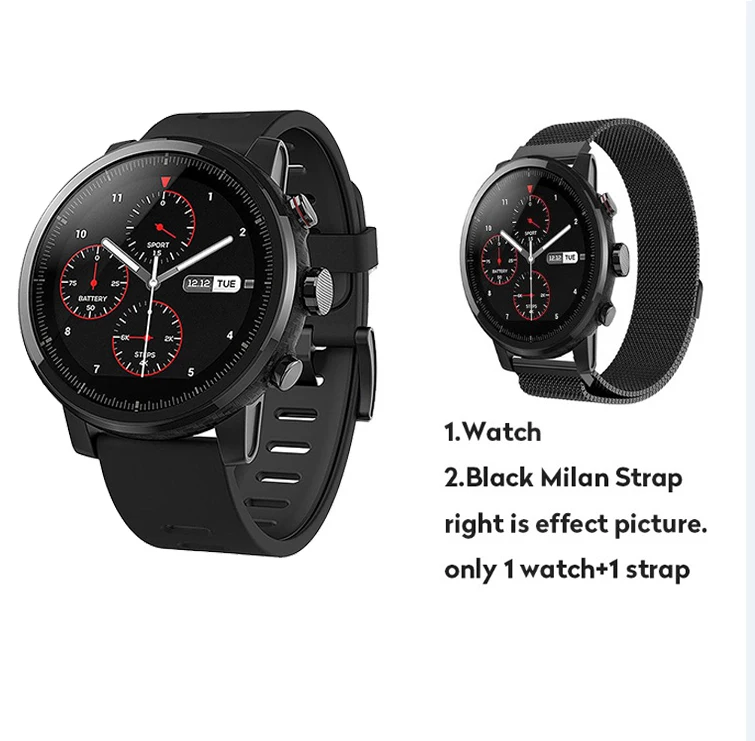 Глобальная версия,, Huami Amazfit Stratos 2, умные часы, спортивные, gps, 5ATM, вода, 2.5D, gps, Firstbeat, умные часы для плавания - Цвет: Add black milanstrap