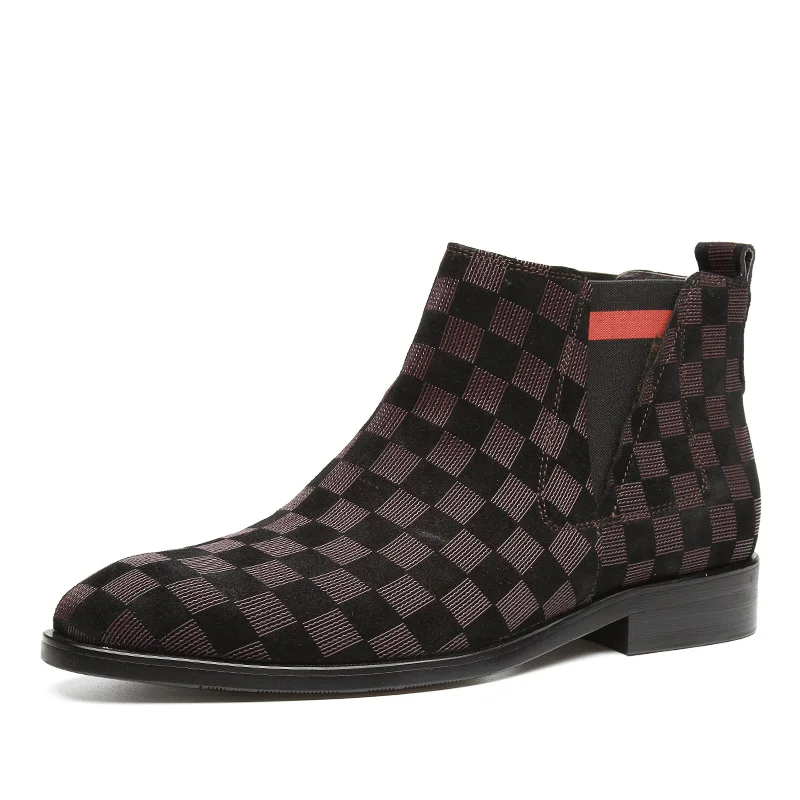 Fashion Black / Brown Pointed Toe Lattice Mens Casual Boots Genuine Leather Boots Man Ankle Boots