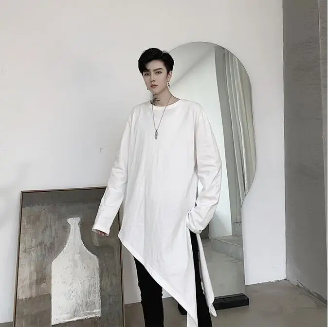 M-XL! весенние и осенние модели темных личностей Наклонный подол Сплит дизайн Мужская свободная футболка с длинными рукавами сплошной цвет джемпер