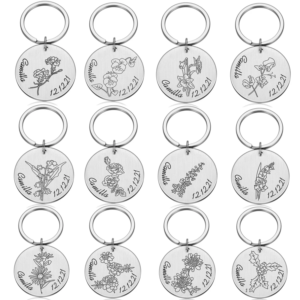 Customized Keyring Constellation Flower Engraving Name Keychains Gift Jewelry Silver Keychain