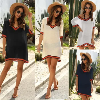

Cross-Border Women's Sexy Hollow V-neck Short Sleeve Contrasting Color Hand Hook Stitching Loose Beach Sunscreen Blouse Female