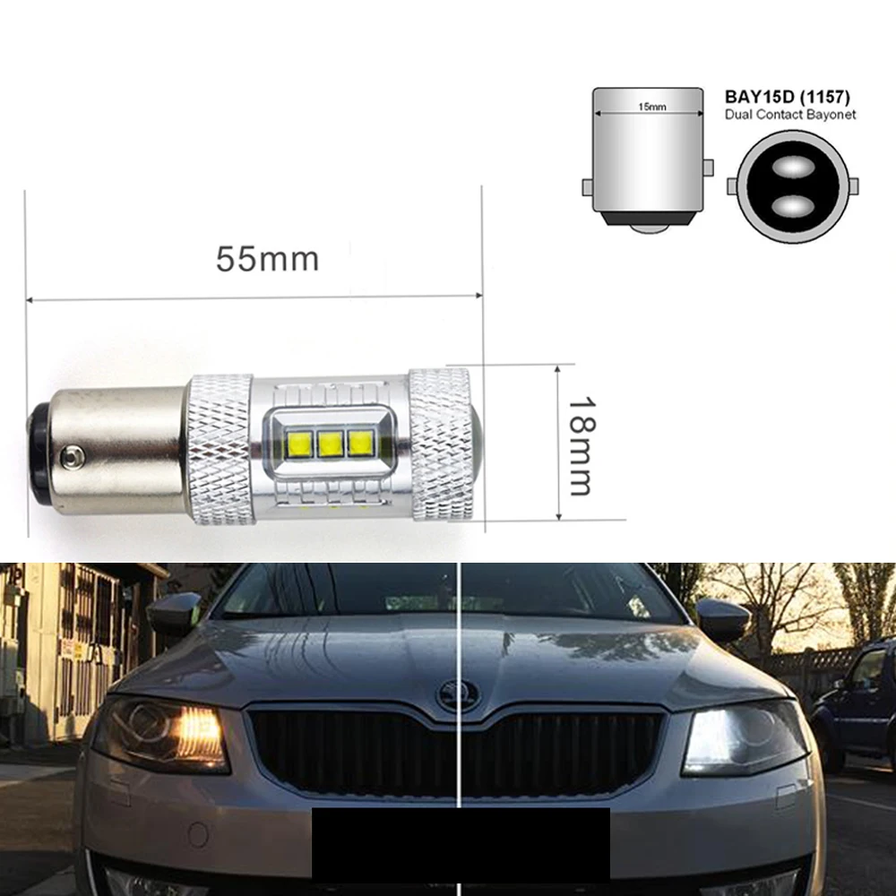 

2x 80W S25 1157 BAY15D Cree Chip Led Daytime Running Light P21/5W DRL light For Skoda Octavia 3 5E (2014)