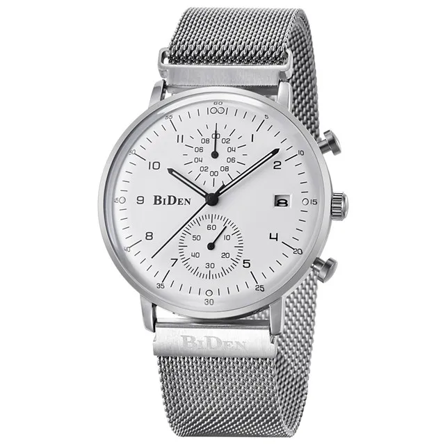Мужские часы BIDEN relojes mujer кварцевые часы Отображение даты из нержавеющей стали с сетчатым ремешком водонепроницаемые наручные часы с хронографом 0075
