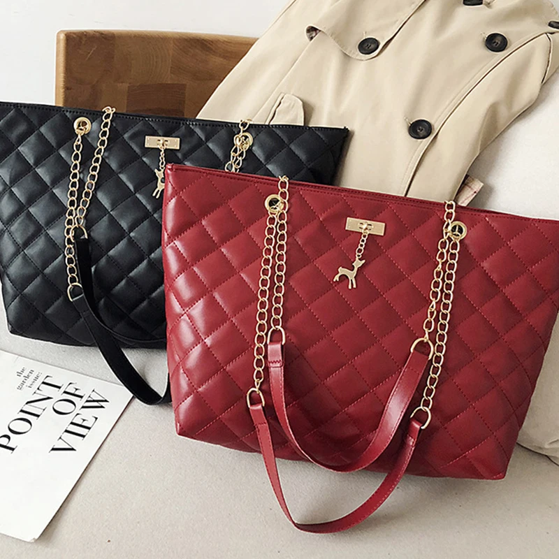 Womens Casual Plaid HandBag Female Chains Diamond Pattern Shoulder Messenger Bag Large Capacity Fawn Office Lady Travel Bags | Багаж и