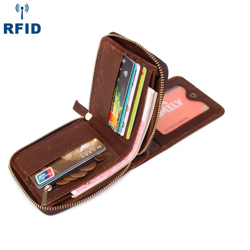 

Men RFID Wallet Head Layer Cow Leather Cards Holder Retro Style Coin Wallet Male Zipper Purse Short Wallet for Man