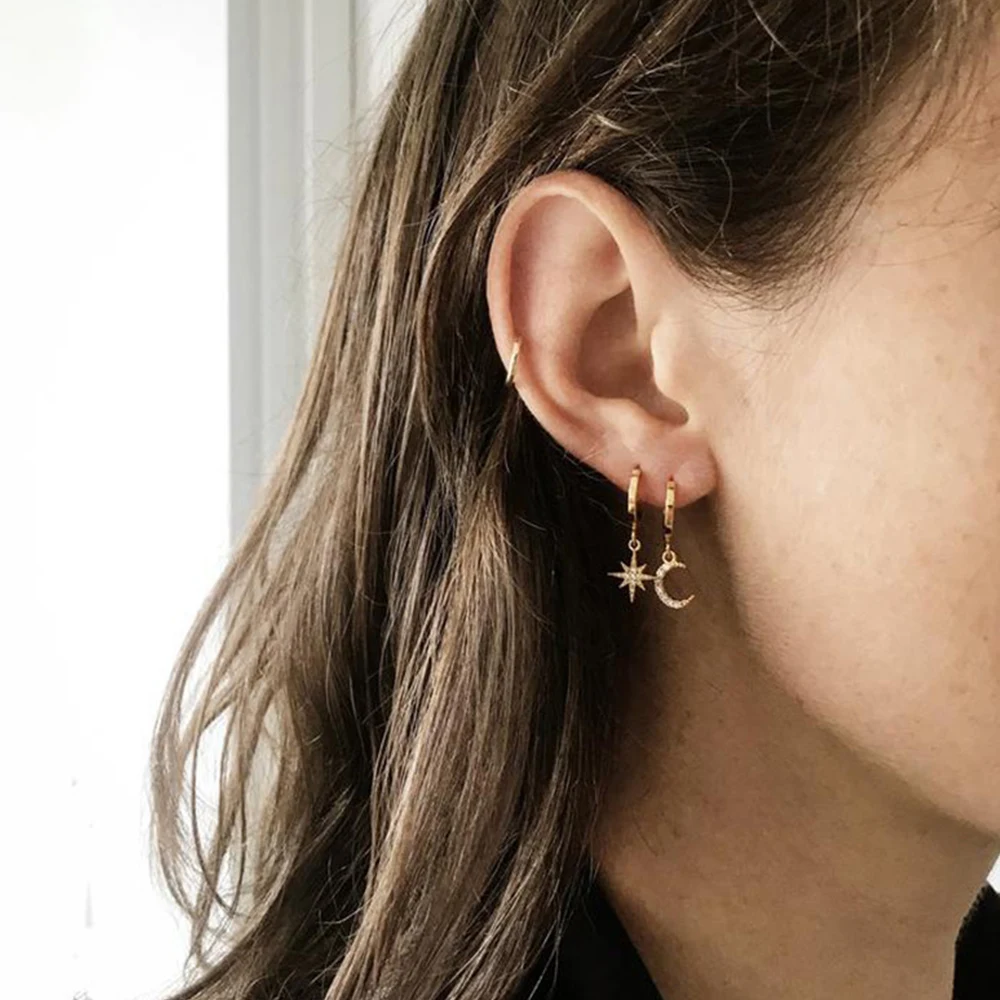 New Arrival Fashion Women Dangle Earrings Classic Geometric Asymmetric Earrings Of Star And Moon Female Korean Jewelry