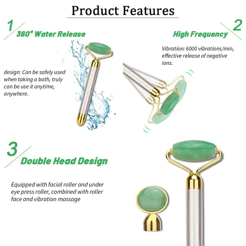 Green Electric Facial Jade Roller Set Vibrating Face Massager Roller Facial Lifting Skin Tightening