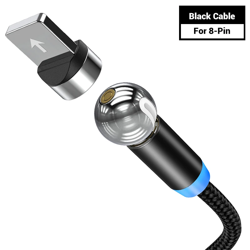 Black 8-Pin Cable TOPK AM28 вращающийся на 360 градусов Магнитный кабель Micro usb type C СВЕТОДИОДНЫЙ Магнитный зарядный кабель для iPhone 11 Xs Max X 8 7 6 - Цвет: Black 8-Pin Cable