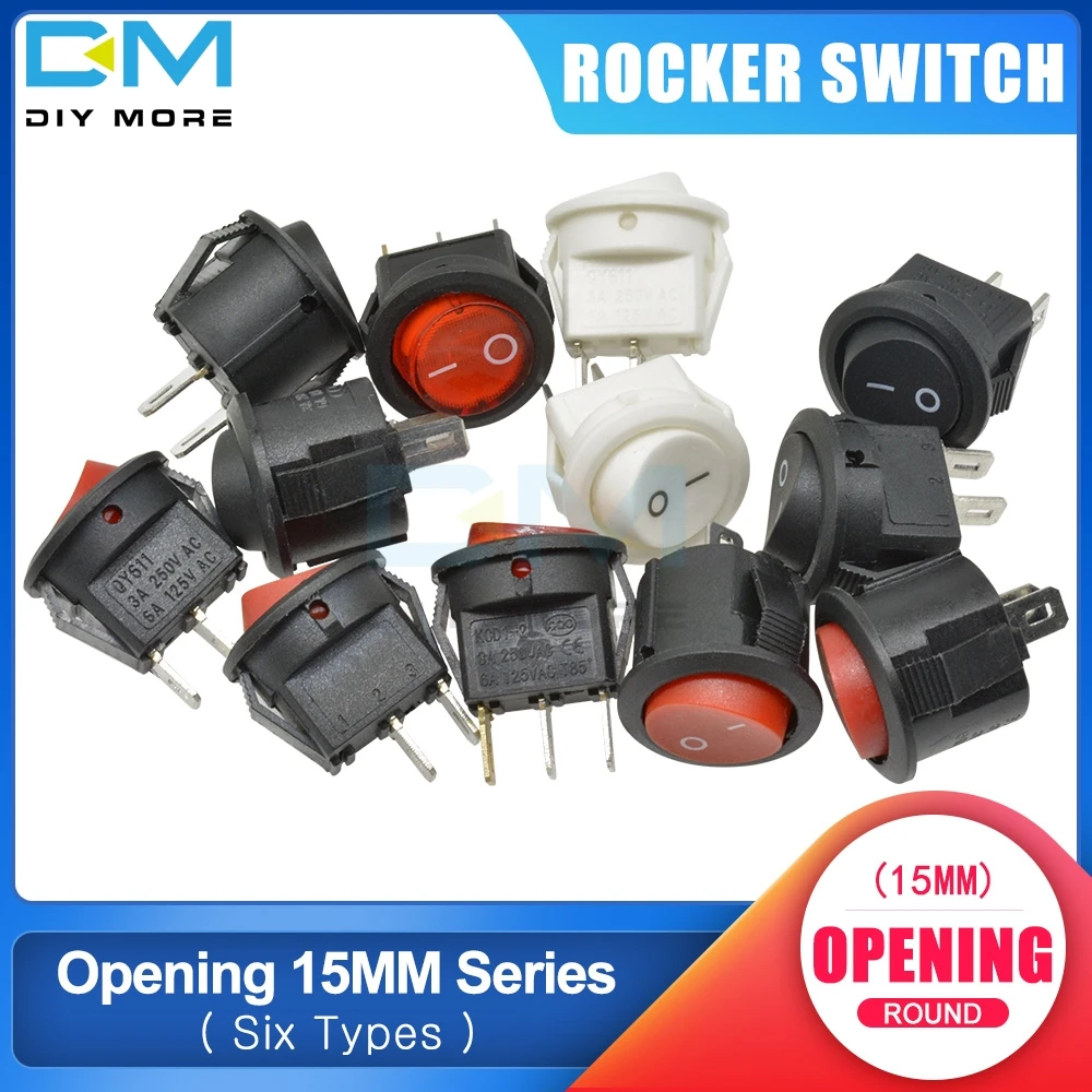 

5PCS KCD1 15MM Small Round 2 Pin 3 Pin 2 Files With light 3A/250V 6A/125V AC Rocker Switch Seesaw Power Switch for Car Dashboard