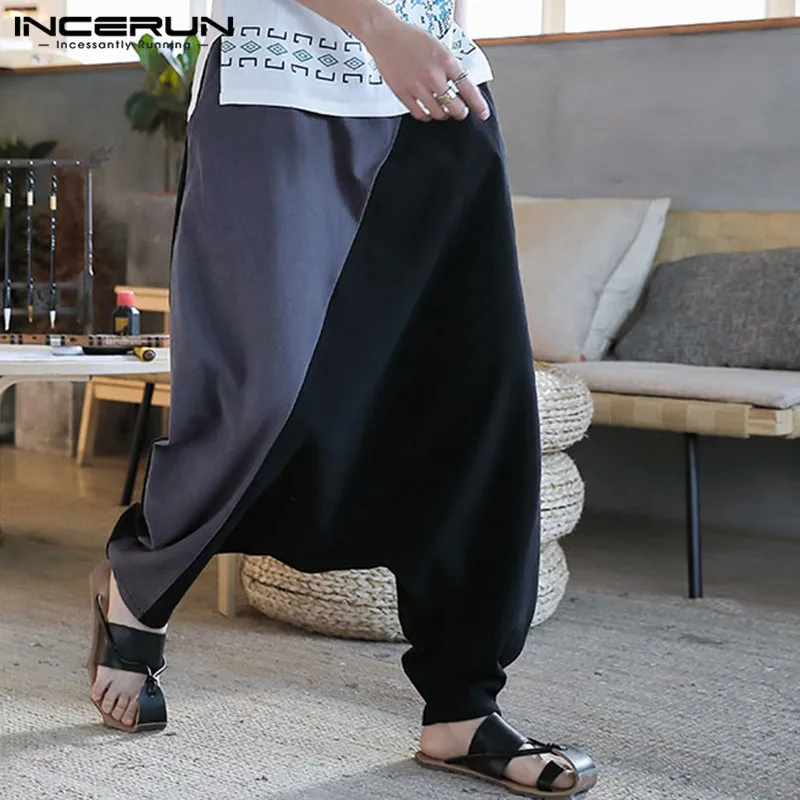 

INCERUN 2019 Vintage Men Harem Pants Joggers Cotton Patchwork Drop Crotch Elastic Waist Loose Hip-hop Trousers Mens Pants S-5XL