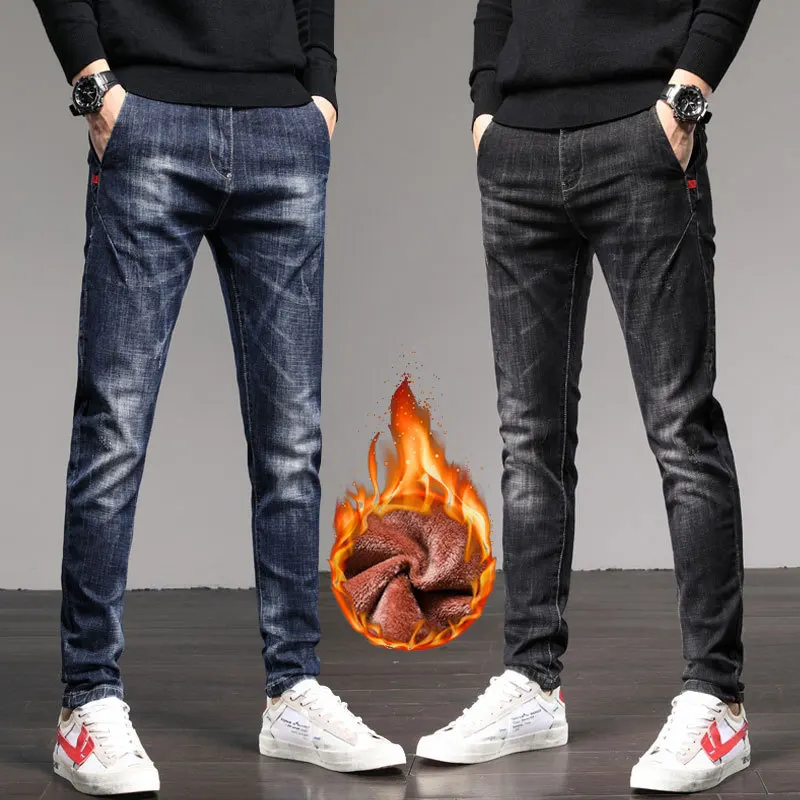 2020 New Stretch Slim Fit Pants Mens Winter Plush Thick Warm Jeans