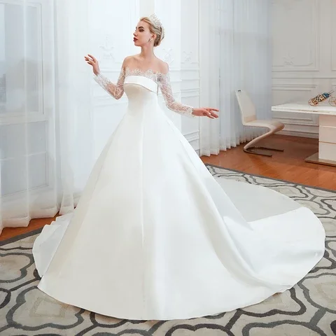 Атласные свадебные платья Винтаж длинный шлейф милое элегантное Vestido De Noiva невесты три четверти рукав кружева