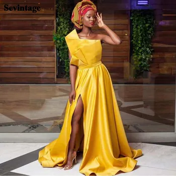 

Sevintage Yellow High Split Satin Long Evening Dress Pleats Sleeveless Prom Gowns Sweep Train Abaya Dubai Women Party Dresses
