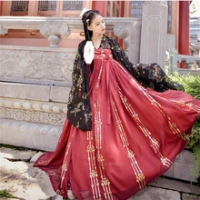 Старинное нарядное традиционное торжественное платье принцессы Hanfu для женщин и девочек; комплект из топа с принтом золотого журавля и красной юбки в стиле ретро для народных танцев