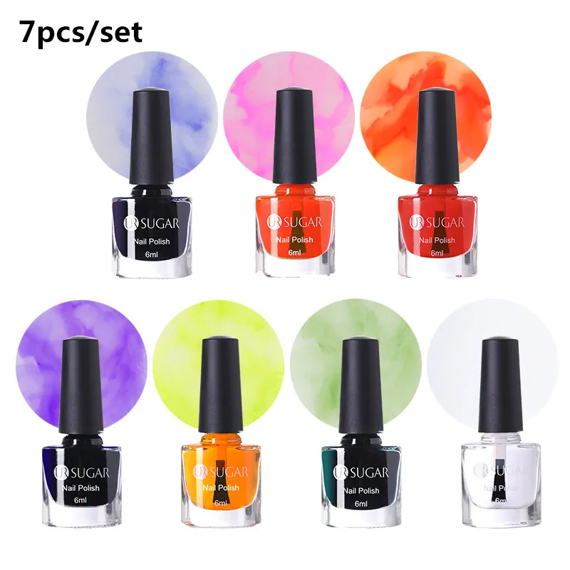7pcs set UR SUGAR 6 мл акварельный лак для ногтей цветущие DIY гелевое украшение для ногтей салон набор дымовой эффект пузырь покрытые лаком ногти аксессуары - Цвет: 7pcs set