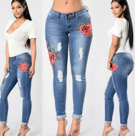

Women Plus Size Denim Jeans European Style Fashion Hole Jeans Embroidered Feet Stretch slim Pants Female