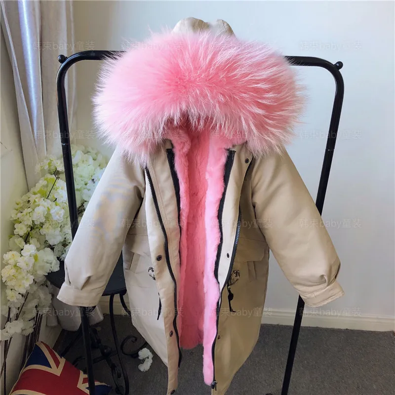 khaki pink Xlong/ветрозащитные куртки с натуральным мехом для маленьких девочек теплые парки с хлопковой подкладкой и кроличьим мехом Зимние Пальто с воротником и капюшоном из натурального меха для мальчиков - Цвет: khaki pink
