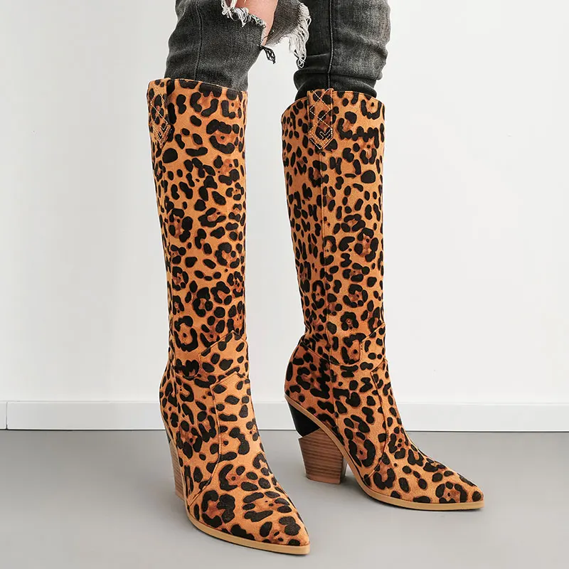Leopard Sgesvier/ г. Модные женские сапоги до колена на толстом высоком каблуке зимние сапоги с острым носком золотистого цвета высокие сапоги до колена высокого качества - Цвет: Leopard