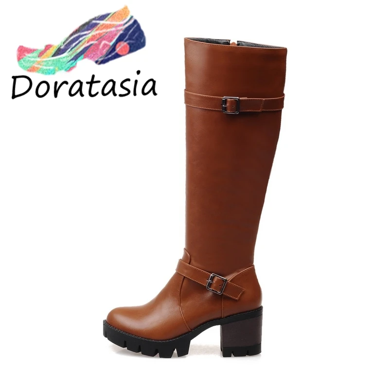 big size 32-43 Buckles Women Shoes Woman Platform Zip Up Square Heel Riding Boots Winter Chaussure