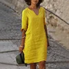 Vintage Women Solid Mini Dress Summer Fashion V-neck Three Quater Sleeve Cotton Linen Dress Ladies Casual Holiday Vestidos 2