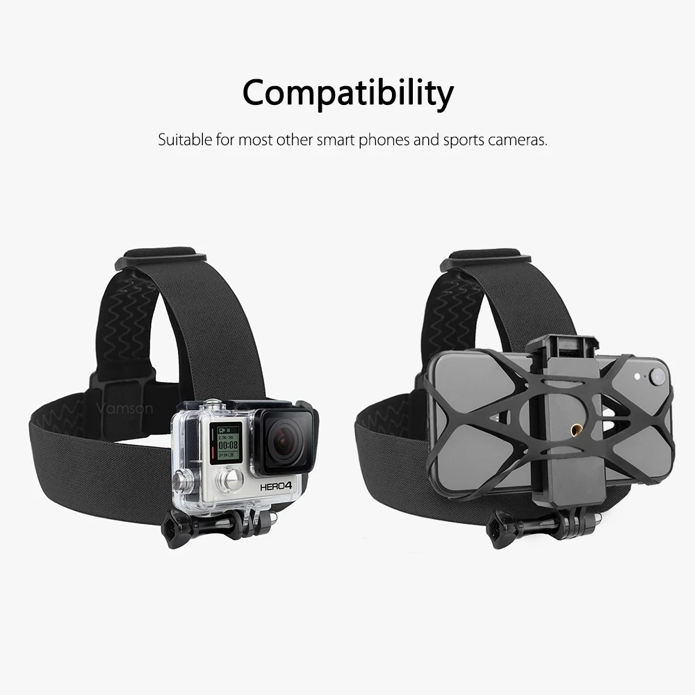 Vamson for Gopro 10 9 8 7 6 5 액세서리 헤드 벨트 스트랩 마운트 Gopro Hero 10 9 6 5 4 3+2 1 Yi 4K SJCAM VP202