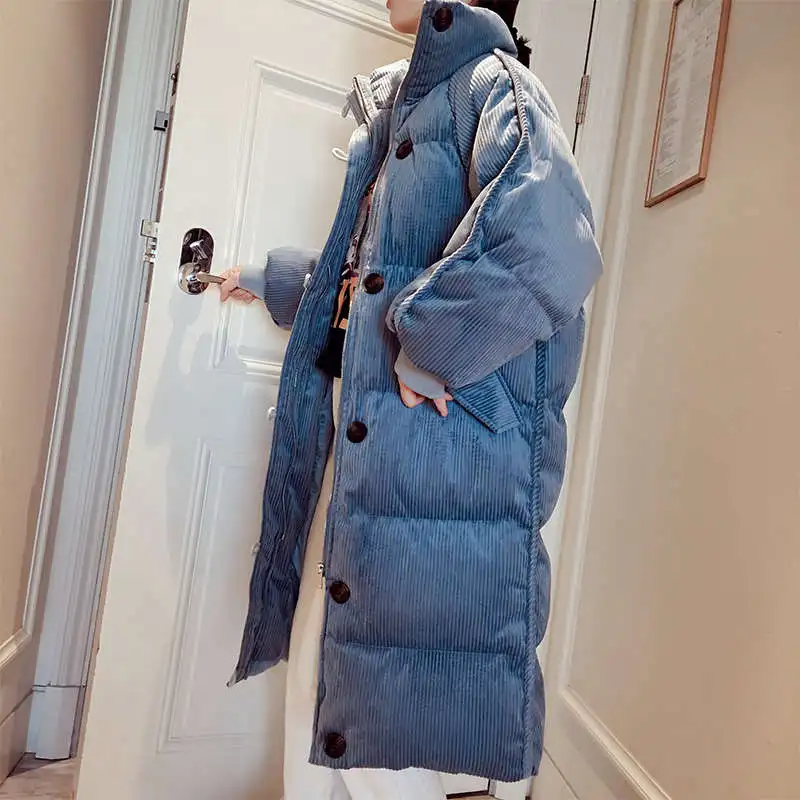 Женская зимняя куртка из плотного вельвета со стоячим воротником, Свободные теплые зимние пальто, длинные парки, куртка с хлопковой подкладкой, стеганые пальто C5981 - Цвет: blue parkas