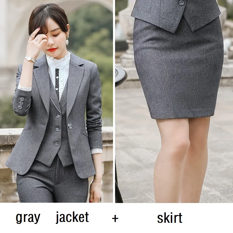 gray jacket skirt Женские костюмы, тонкие, Осень-зима, одноцветные, блейзеры, куртки, штаны, 2 предмета в комплекте, OL, официальные, женские, брючные костюмы, женские костюмы, костюмы 19917 - Цвет: gray jacket skirt