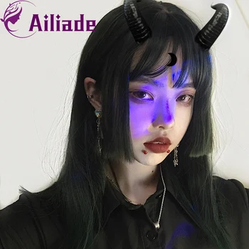

AILIADE Cosplay Wigs Bangs Green Straight 40CM Princess-cut Synthetic Heat Resistant Wig Women Halloween Anime Party Lolita